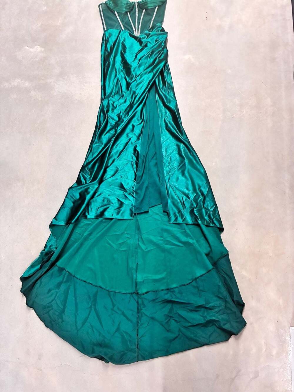 Ladivine Emerald Green Satin Corset Evening  Gown with Rhinestone Embellishments